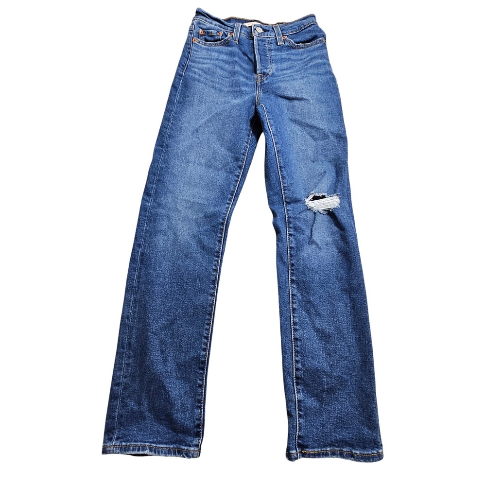 Levis Wedgie Straight Jeans Women 25 Blue Distressed Ripped Knee 34964-0151